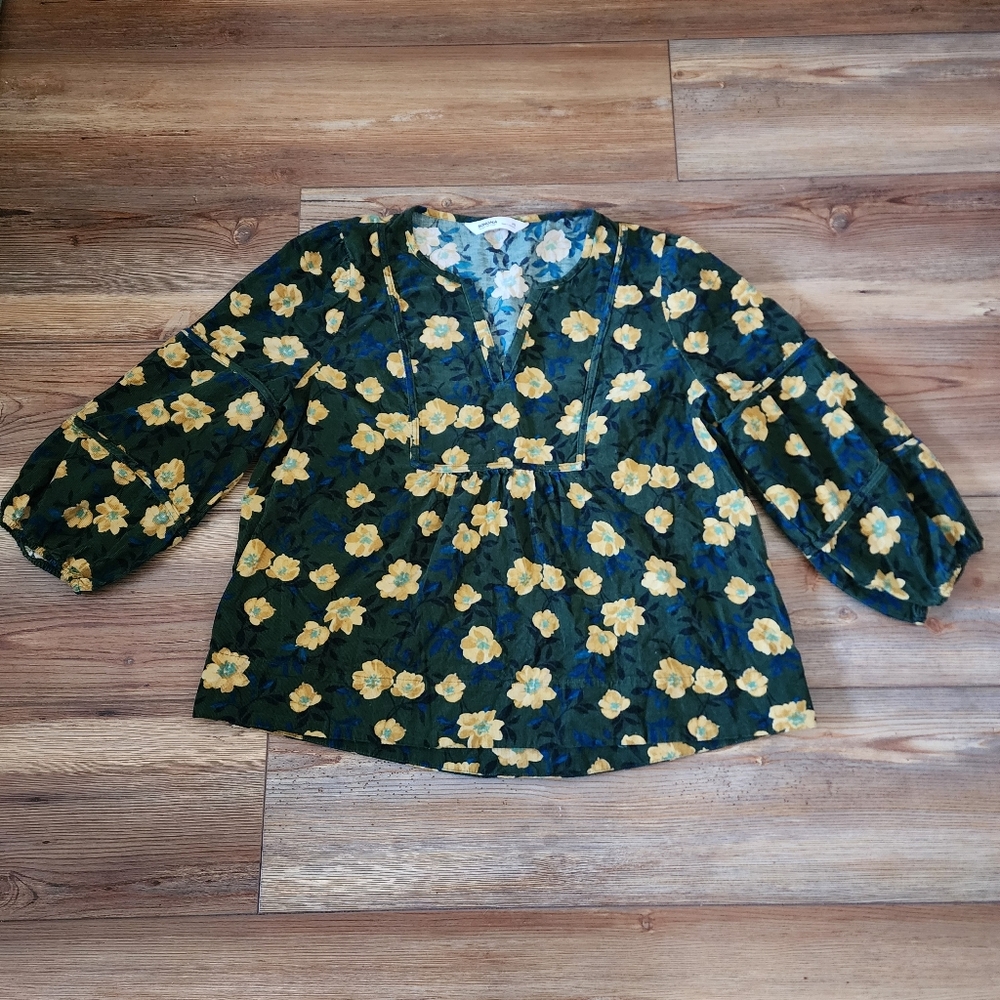 Sonoma Casual Top Women's SP Green Yellow Floral Corduroy Popover Petite Boho